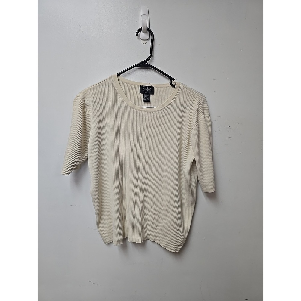 VTG City Silk Women 1X Top Silk Cotton Ribbed Knit Short Sleeve‎ Cream Y2K 90s